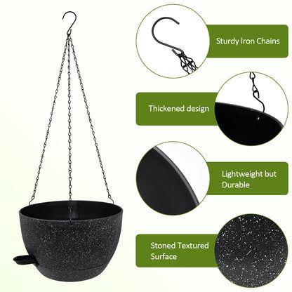 WOUSIWER Self Watering Hanging Planters, 2 Pack 12'' Plastic Pots with Drainage Holes & Reservoir Tray (Speckled Black) | Indoor & Outdoor Use for Ferns, Ivy, Herbs, Succulents