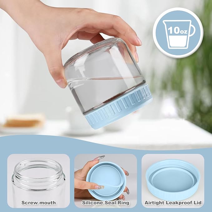 SHOWIN Overnight Oats Containers with Lids, 10oz Glass Jars with Lids 4 pcs, Light Blue, Wide Mouth Mason jars for Salad, Yogurt, Snacks, Meal Prep