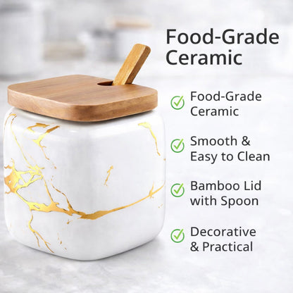 JFFLYIT Marble Ceramics Sugar Bowl Ceramic Seasoning Box Ceramic Spice Jars Porcelain Condiment Pots with Lid and Spoon (White)