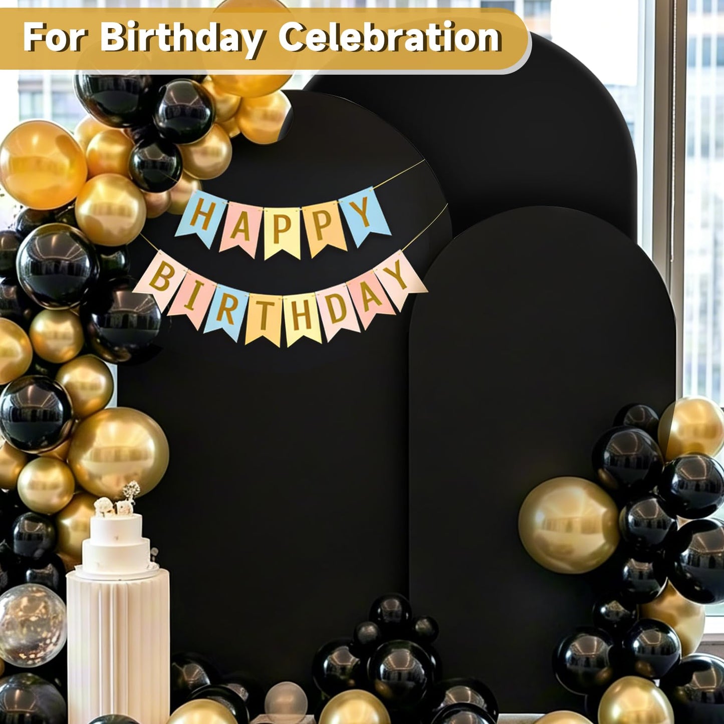 Hemmotop Black Arch Backdrop Cover Set of 3-7.2ft/ 6.6ft/ 6ft Wedding Arch Covers Stretchy Backdrop, Spandex Arched Stand Background Covers for Birthday Graduation Halloween Party Decorations