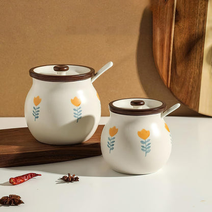 auons Ceramic Salt and Sugar Bowl, Porcelain Condiment Jars with Lid and Spoon, Seasoning Spice Pot Bowl, Salt Sugar Pepper Storage Jar, 600ml, Yellow Flower