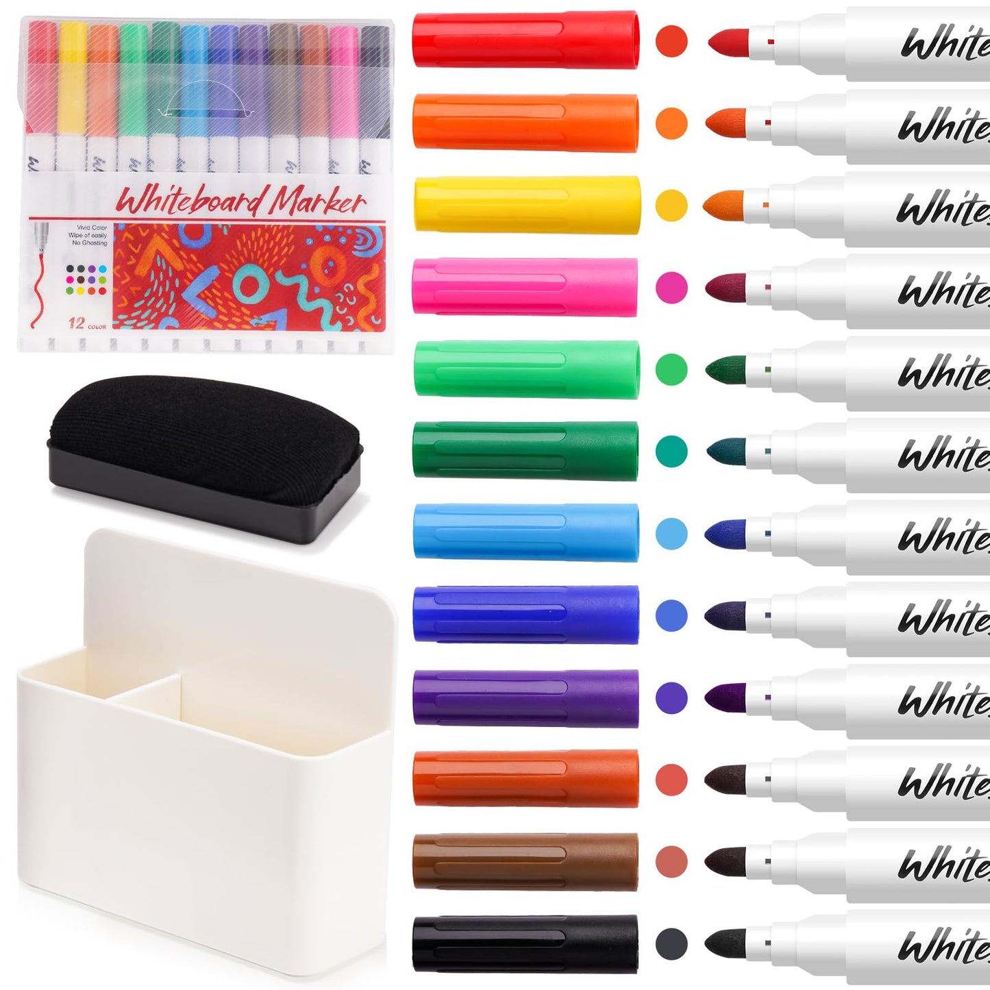 NiArt Whiteboard Magnetic Dry Erase Marker Holder Set, 12 Colors Fine Markers, Magnetic Whiteboard, Dry Eraser for Office