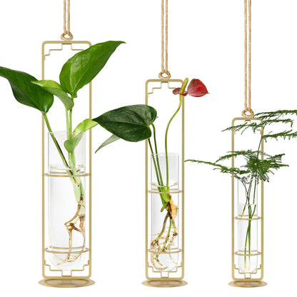 MIPON Metal Hanging Plant Propagation Station,3 Size Glass Test Tube Hydroponic Planter,Boho Wall Hanging Plant Cuttings Holder,Indoor Water Plant Terrarium Tubes for Home Office Window Decor-Gold