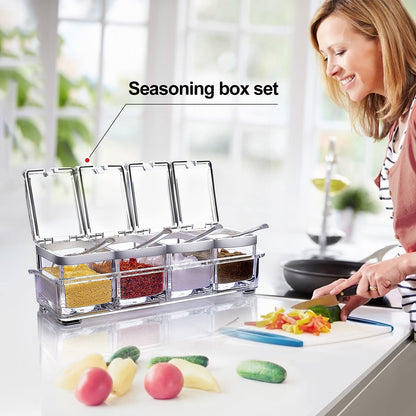 Acrylic Seasoning Box Set, 4 Piece Clear Premium Quality Storage Rack Spice Pots Condiment Jars for Salt Sugar Cruet Kitchen Organization Containers with Cover and Spoon