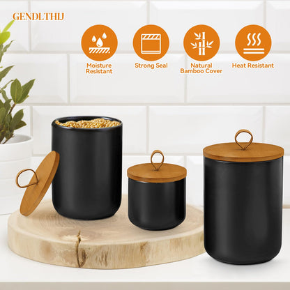 GENDLTHIJ Canister Sets for Kitchen,Ceramic Kitchen Canisters for Countertop with Airtight Wood Lids for Serving Ground Coffee, Tea, Spice, Grains, Sugar, Salt (Black Pack of 3 (8.7/27/44 Oz))