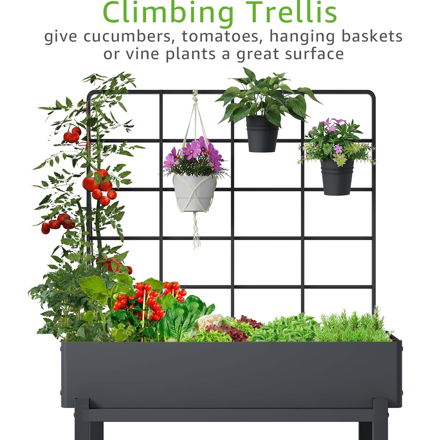 FOYUEE Metal Raised Garden Bed with Trellis & 2-Tier Storage Shelf, Elevated Planter Box with Legs -Includes 3 Flower Pots, Outdoor Vertical Garden for Vegetables Herbs Climbing Plants Patio Balcony