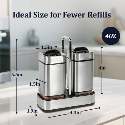 Salt and Pepper Shakers Set with Holder-Stainless Steel Salt Shaker with Adjustable Pour Holes-Set of 2 by Aelga