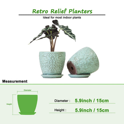 Bestseler 6 Inch Retro Ceramic Planter Set of 2 with Drainage Hole and Saucer for Plants, Indoor-Outdoor Garden Pots for Succulent, Orchid, and Flower (Fits Inner Pots Up to 5 Inches, Retro Green)