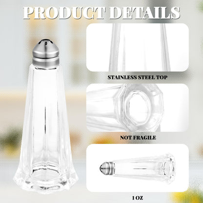 Bokon Set of 24 Tower Glass Salt and Pepper Shakers Bulk 1oz Small Tower Spice Shakers Refillable with Stainless Steel Chrome Top Lid for Home Restaurant Kitchen Seasonings Supplies