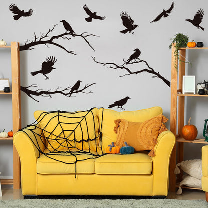 Raven Peel and Stick Wall Stickers - Black Crows, Winter Branches, Halloween Tree Branch Designs - Removable Vinyl Decals