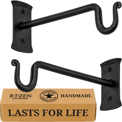 RTZEN Plant Hangers Outdoor or Indoor - Wrought Iron Metal Hanger Indoor Hook - Heavy Duty Wall Bracket Hooks for Hanging Plants Baskets Lanterns Wind Chimes - 2 Pack (Black Shepherds Hooks 7.5")
