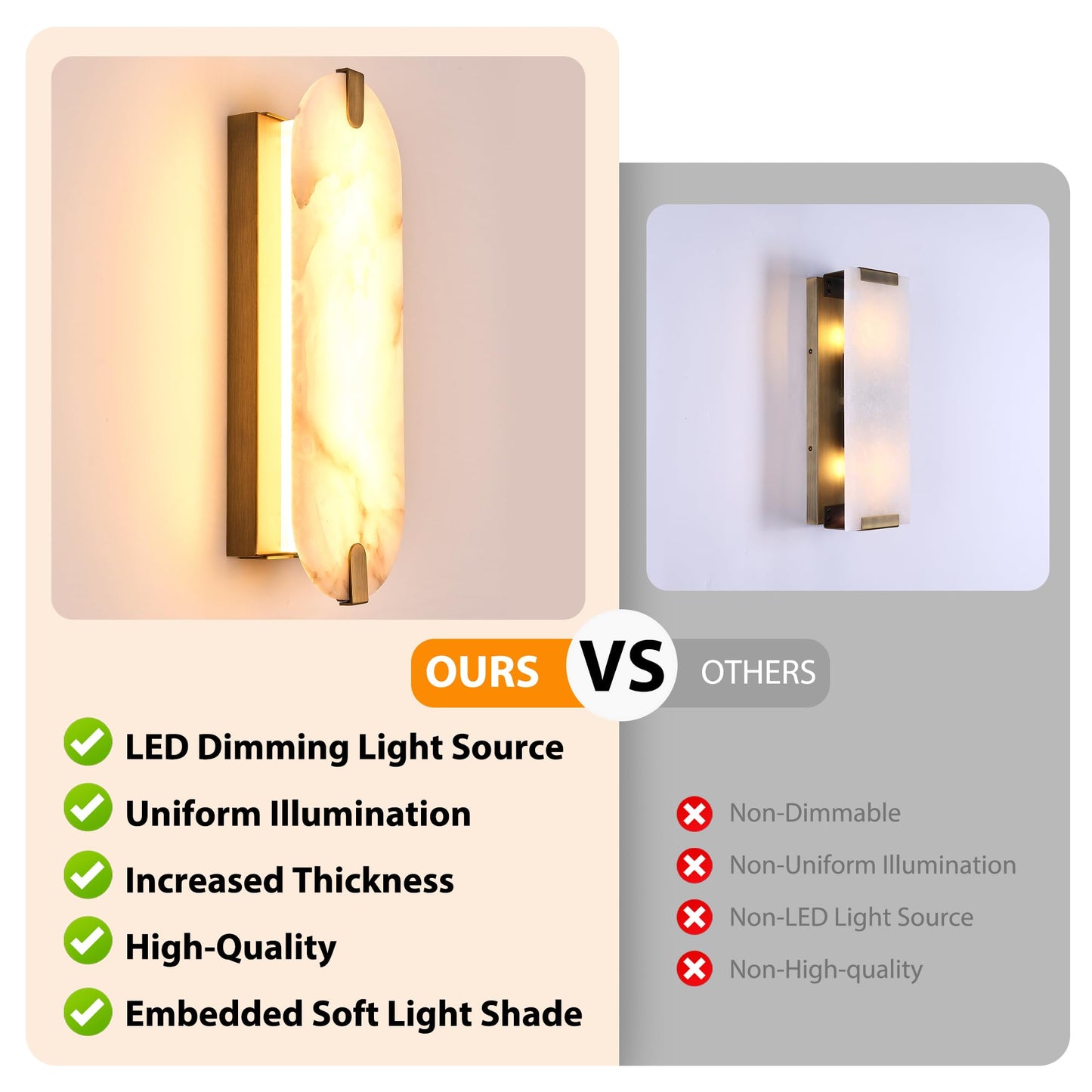 ZEROUNO Alabaster Wall Sconces, 14.2 inch Wall Sconce, Natural Marble Wall Sconces Wall Lighting Set of Two, Dimmable Light Fixtures for Bedroom Living Room Stairs Vanity Hallway Bedside