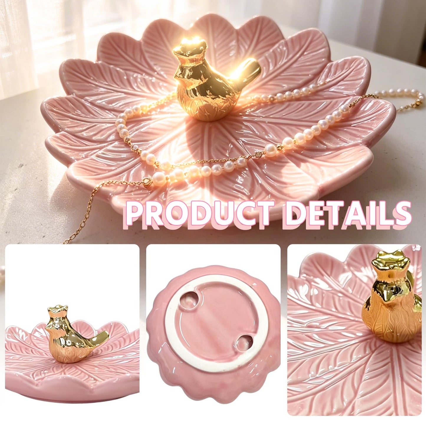 ONEPEACE Golden Bird Ceramic Ring Holder Dish for Women, Decorative Jewelry Tray Trinket Dish for Rings Earrings Necklace Organizer, Engagement Wedding Ring Holder, Christmas Birthday Gifts (Pink)