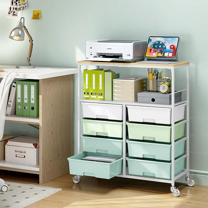 Rolling cart with 8 drawers,Storage drawer cart with wooden tabletop,Lockable wheels organizer for homeschool, arts & crafts, classroom, office & creative spaces (Green)