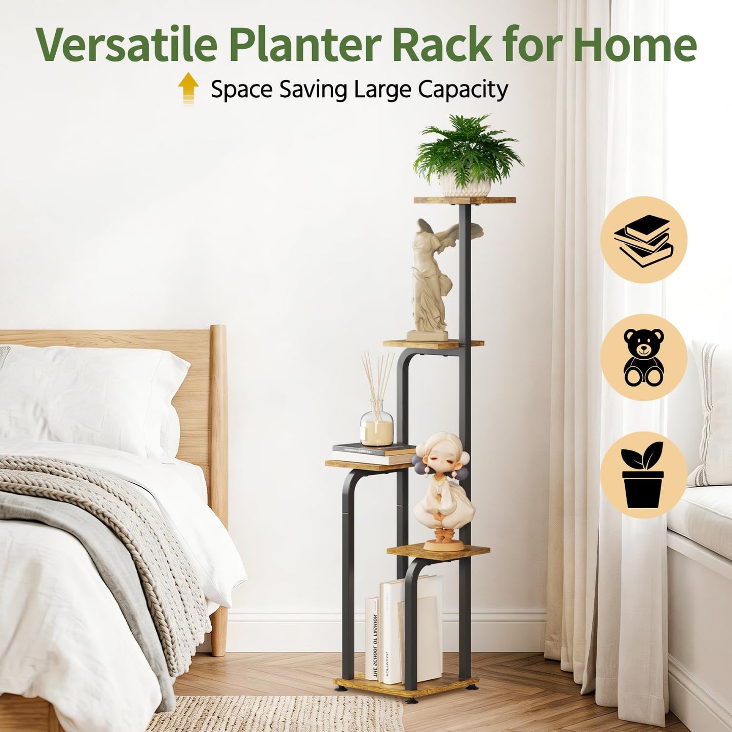 LASZOLA 5 Tiered Plant Stand Tall for Indoor Corner, Modern Multiple Flower Display Rack with Wooden Tray, Vertical Planter Shelf for Living Room Bedroom Patio Garden Balcony, Black