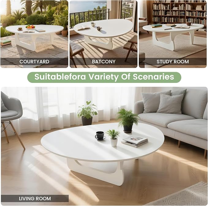Solid Wood Triangle Coffee Table,Unique Mid Century Modern Oval Coffee Table,Irregular Geometric Tea Tables for Home Living Room with Wooden Tabletop and Reinforced Legs White 50" L x 31" W x 16" H