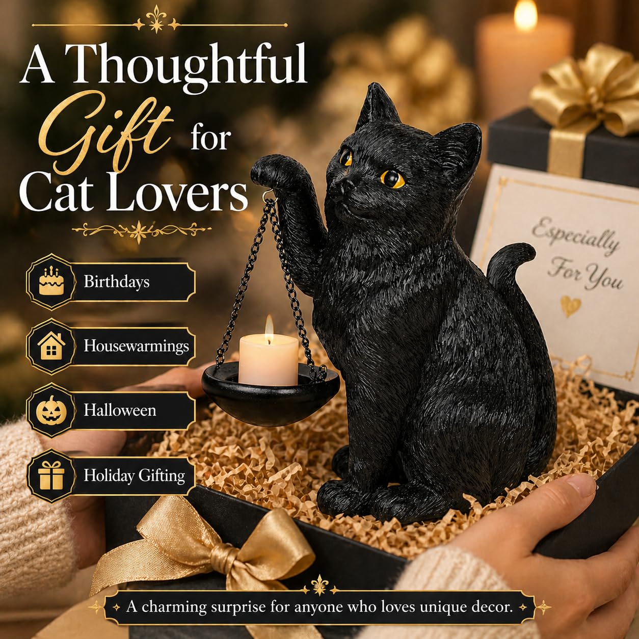 Gothic Black Cat Lamp with Tealight Candle Holder Cat Statue Halloween Decorations Indoor Gothic Home Decor for Living Room Tabletop Shelf Bedroom Unique Goth Witchy Gifts Decor