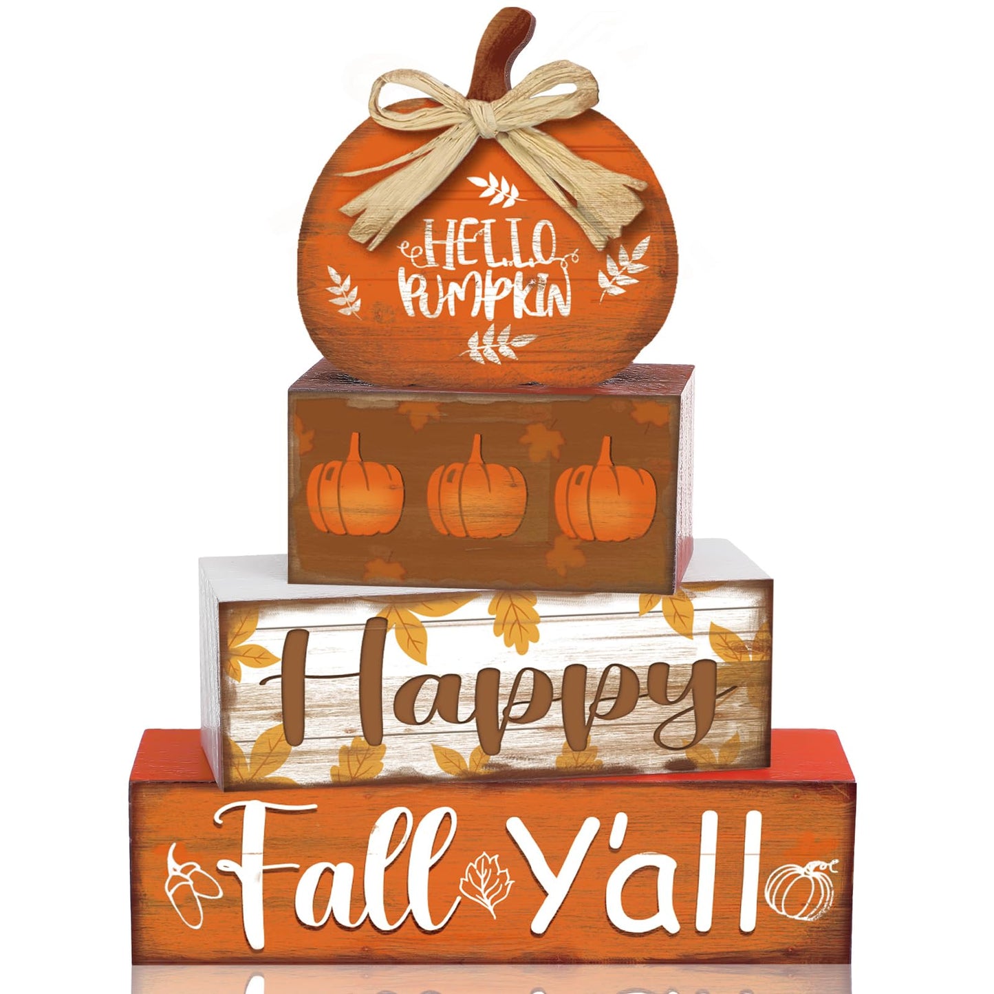 4 Pcs Fall Decor for Home Hello Pumpkin Wooden Signs with Blessed Autumn Tiered Tray Decor Farmhouse Pumpkin Tabletop Centerpiece Maple Leaf Block Signs for Fall Thanksgiving Office Kitchen Shelf
