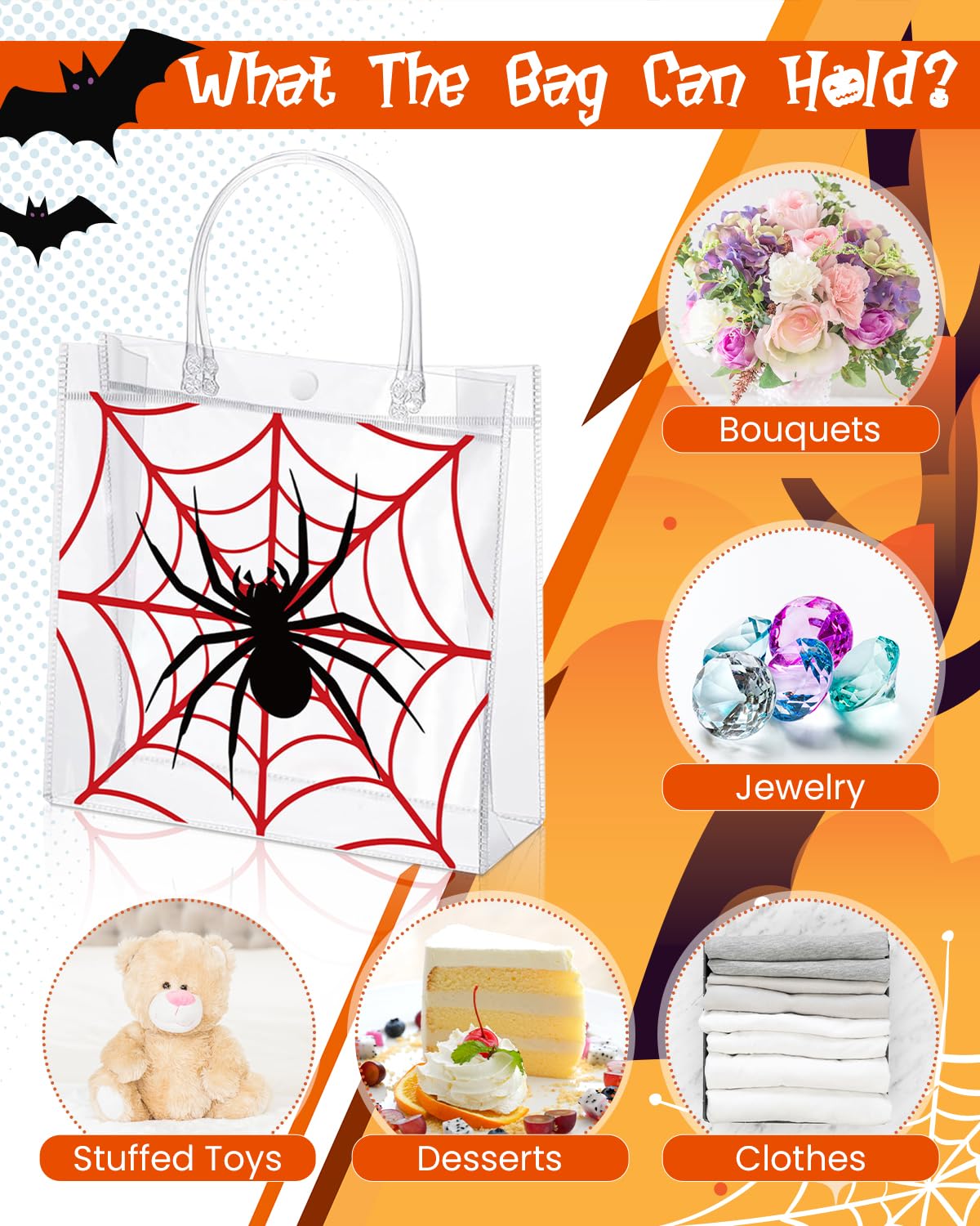 Liobelon 24 Pieces Spider Party Favor Gift Bags Spider Clear PVC Gift Bags with Handles 8 x 8 x 3.2inches Transparent Treat Snack Bag for Birthday Insect Theme Gothic Style Party