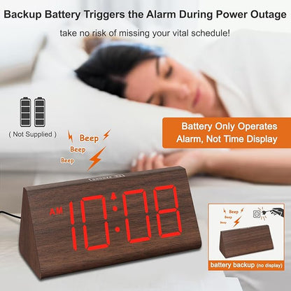 DreamSky Wooden Digital Alarm Clock for Bedrooms with Large Numbers | Electric Desk Clock, USB Port, Loud Alarm for Heavy Sleepers, Adjustable Volume, Dimmer, DST, Wood Décor Gifts, Plug in Clock