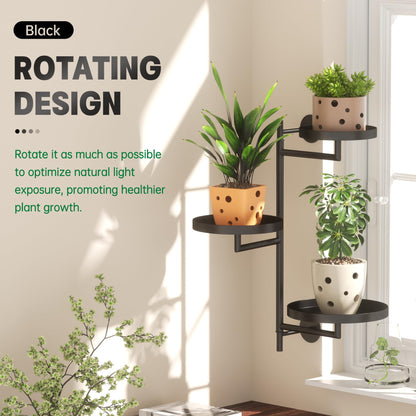 YQSLYSF Window Rotating Plant Stand Shelf Indoor Black Metal Floating Shelves 3-Tier Wall Mount Plant Holders for Living Room Wall Planter Modern Home Decor for Gardening