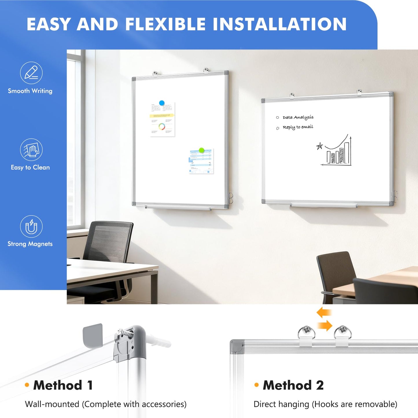 WALGLASS 2 Pack White Board, 24" x 18" Double-Sided Dry Erase White Board for Wall, Hanging Mounted Whiteboard, Horizontal or Vertical Silver Aluminium Frame for Home, School, Office, Kitchen