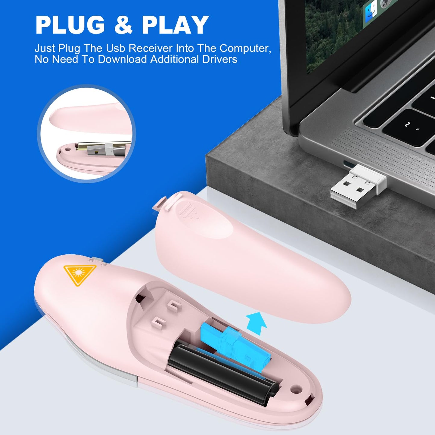 QUI 2 Pack Wireless Presenter PowerPoint Clicker, RF 2.4GHz USB Presentation Clicker for Google Slides, Keynote, Mac, Windows (USB Type-c, Pink)