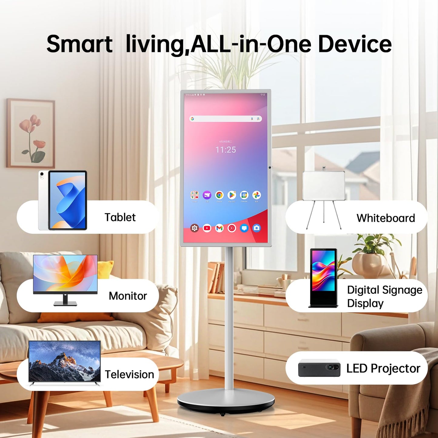 Portable Smart Board,32 Inch 4HD Portable Touch Screen with 8MP Camera, Google EDLA-Certified，Android 14，8+128GB Touchscreen Digital Display for Hybrid Classroom and Home Office（Built-in Battery）
