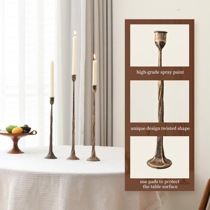 Set of 3 Candle Stick Holders, Iron Antique Gold Candlestick Holders, Fits 3/4 inch Thick Candles, Tapered Candle Holders Tall Set for Dining Table, Wedding, Home Decoration