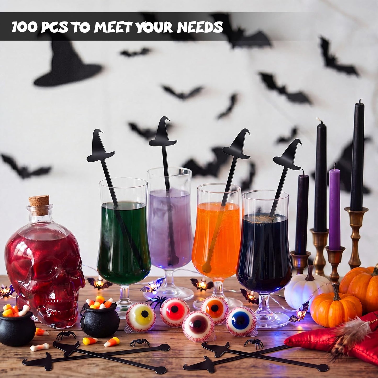 LemonRoad 100 Pcs Witch Party Supplies Swizzle Sticks Black Plastic Coffee and Cocktail Stirrers 5.9 Inch Reusable Black Witch Hat Cocktail Mixers Bulk for Bar Weddings Events Halloween (Classic)