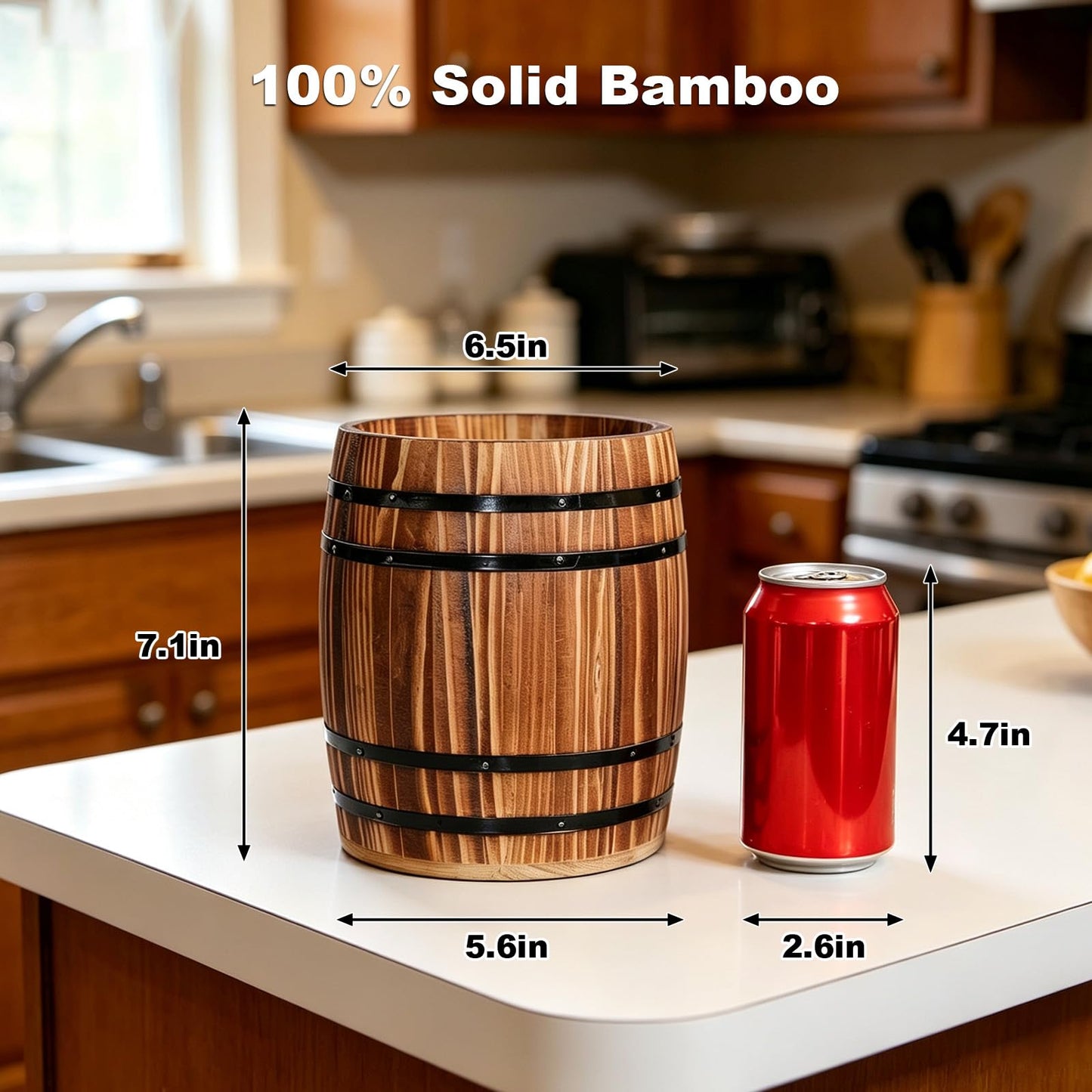 Catheralysia Dark Brown Wooden Utensil Holder, Solid Wood Barrel Shaped Kitchen Utensil Crock, Farmhouse Style Kitchen Storage Bucket, Countertop Cooking Tool Organizer for Home Decor & Gift