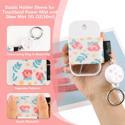 Beautyflier Pack of 4 Elastic Sleeve for Touchland Power Mist and Glow Mist 1FL OZ Hand Sanitizer Spray, Exquisite Patterns Holder Sleeve with Keychain, Perfectly for Travel (Sleeve Only)