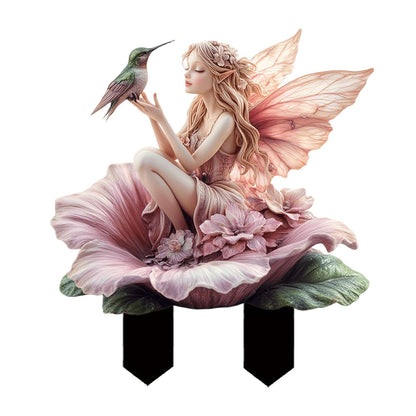 ANNUOZE Fairy Garden Stake Decor, 2D Flat Acrylic Fairy Garden Decor Panel, Elf Yard Sign for Outdoor Indoor Yard Lawn Plants Pots, Fairy Garden Accessories (Flowers Fairy and Hummingbird)