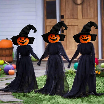 Halloween Decorations, Set of 3 Light Up Pumpkins Witches with Stakes，Voice Control Witch Glowing Head Waterproof for Outside Garden Statue Decoration Grass Lawn