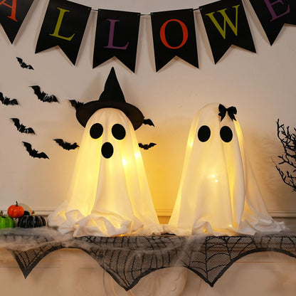 KIWDY [Timer] Light Up Halloween Scary Ghost Decorations, Set of 2 DIY Spooky Crafts for Indoor Home Mantel Shelf & Tabletop Decor White