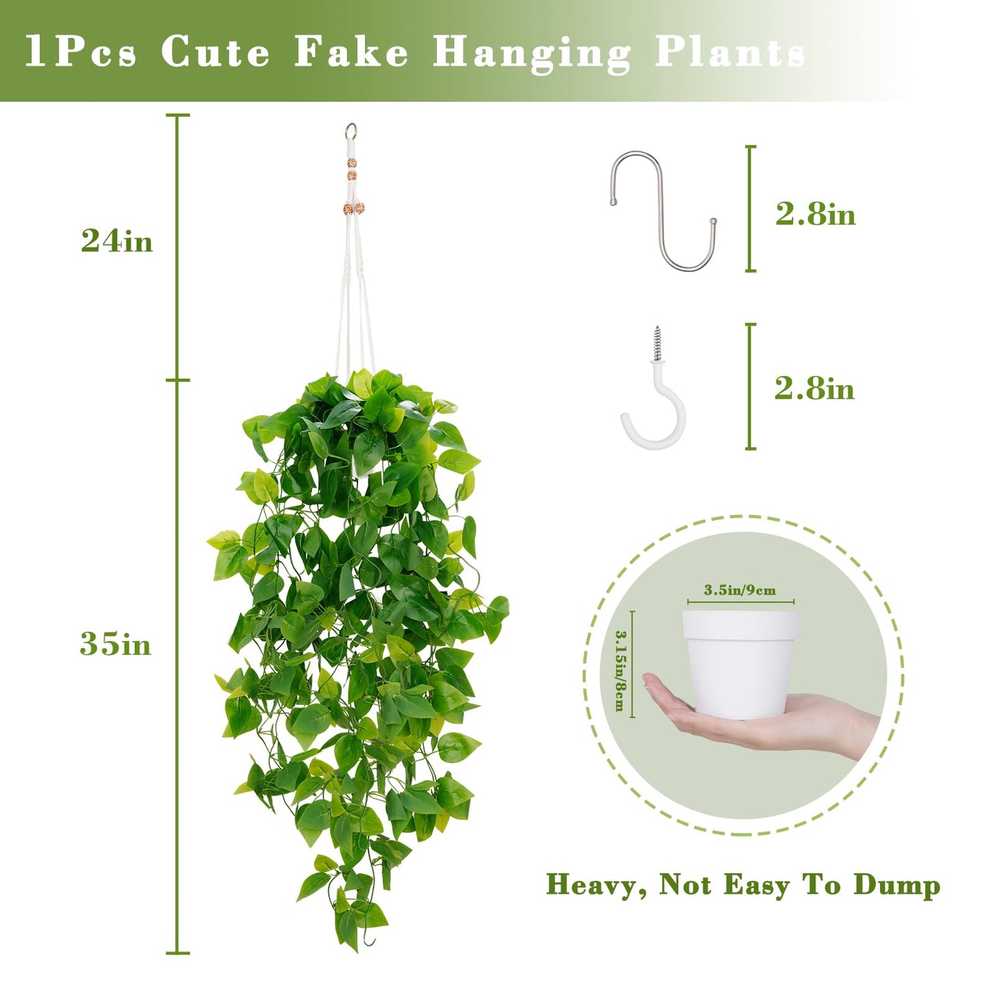 BLEUM CADE 1pcs Fake Hanging Plants Kit with Pot and Plant Hanger, Artificial Pothos Vines Hanging Potted Plant Greenery for Home Living Room Indoor Outdoor Decor