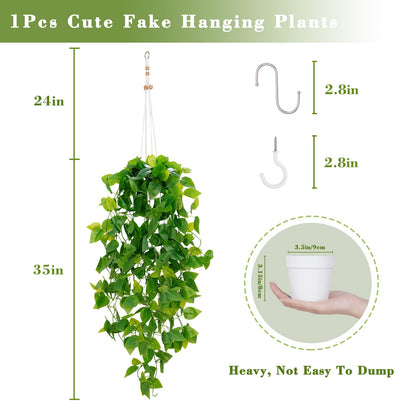 BLEUM CADE 1pcs Fake Hanging Plants Kit with Pot and Plant Hanger, Artificial Pothos Vines Hanging Potted Plant Greenery for Home Living Room Indoor Outdoor Decor