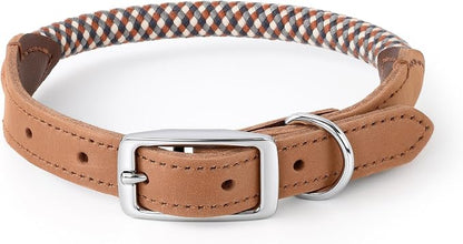 Mile High Life Genuine Leather Dog Collar, Durable Braided Cotton Rope Collar with Metal Pin Buckle for Small Medium Large Dogs (Brown Plaid, M Neck 15"-18")