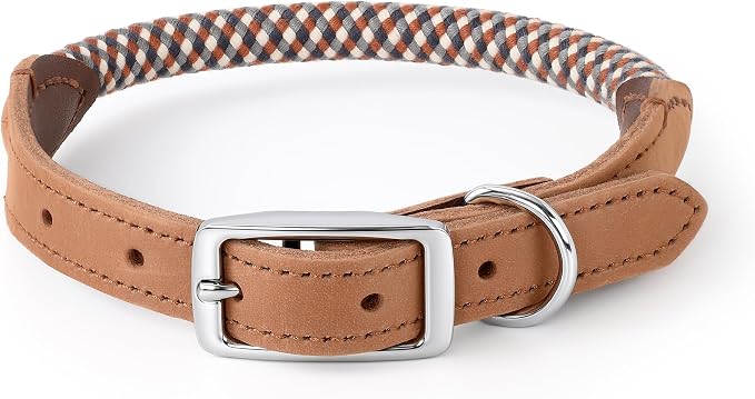 Mile High Life Genuine Leather Dog Collar, Durable Braided Cotton Rope Collar with Metal Pin Buckle for Small Medium Large Dogs (Brown Plaid, S Neck 11"-15")