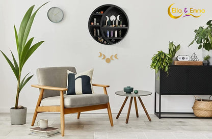 Ella & Emma Wooden Moon Shelf for Crystals - Crescent Moon Crystal Shelf, Storage & Wall Hanging Shelves for Bedroom Aesthetic, Moon Phase Wall Decor & Crystal Display Shelf, Pinewood, Black