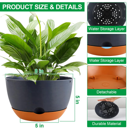 Nooulap 4 Pack Self Watering Pots for Indoor,8 Inch Plant Pot Outdoor Plastic Flower Pot with Drainage and Saucers(Grey)