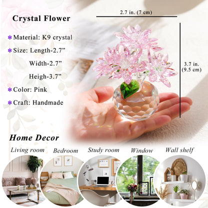 YWHL Pink Crystal Flower Figurine Decor with Stand, Handmade Glass Flower Gifts for Women, Beautiful Art Collectible Statue for Home Table Centerpiece（Pink