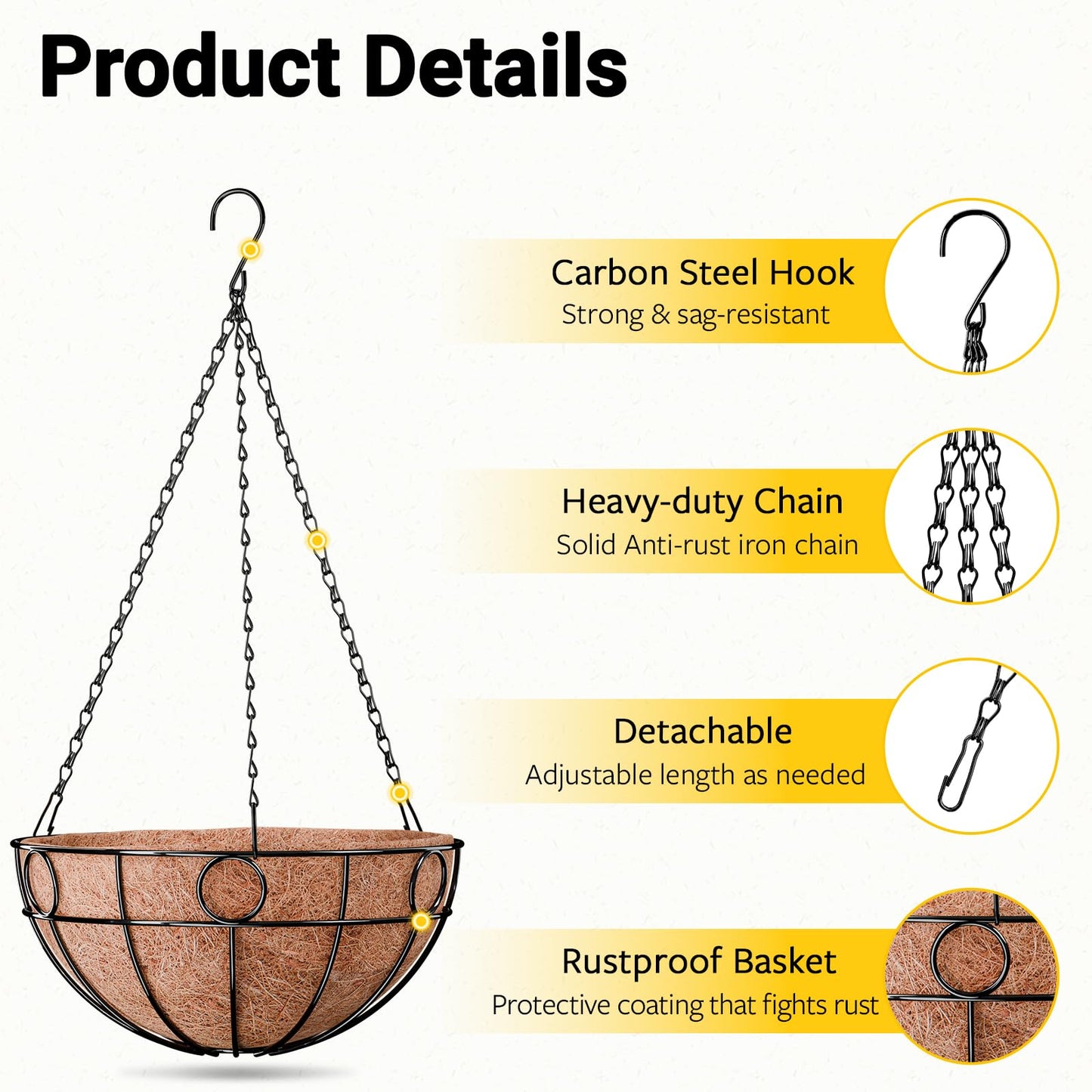 ZeeDix 2 Pack 14 Inch Metal Outdoor Plant Hanging Baskets, Round Wire Planter Basket with Coco Coir Liner, Large Hanging Flower Pots for Outdoor Garden Yard Patio Porch Balcony Decor