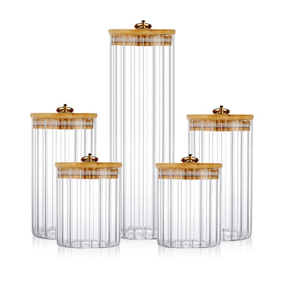 FANTESTICRYAN Glass Storage Jars Set of 5, Decorative Coffee Bar Container with Airtight Bamboo Lid Metal Ring for Home Kitchen Storing Candy, Cookie, Pasta, Nuts, Oatmeal and Bathroom Salt