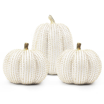 TaoQ C 3 PCS Large Thanksgiving Resin Pumpkin, Fall Pumpkin Figurines White and Gold Glitter Resin Pumpkin for Home Kitchen Halloween Thanksgiving Fall Harvest Decoration
