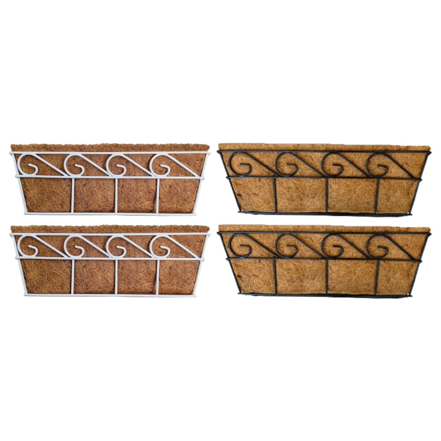 LaLaGreen Bundle (2 Pack, 24 Inch White + 2 Pack, 24 Inch Black) Window Flower Boxes with Coco Liner, Wall Mounted Planters Balcony Deck Railing Over The Rail Metal Horse Troughs Fence Patio Porch