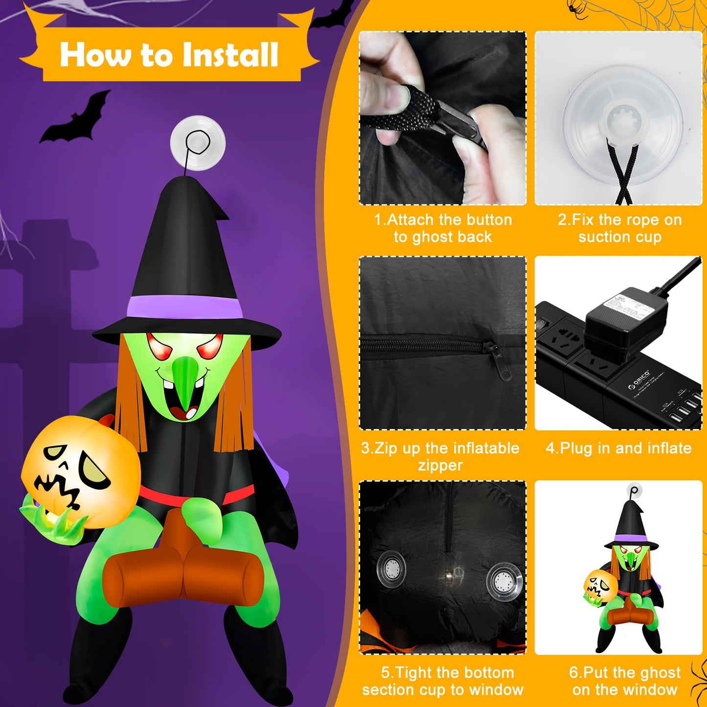 Mukum 4 Ft Halloween Blow Ups Inflatable Witch Pumpkin Design Halloween Window Decorations with Built-in Super Bright LED Light for Haunted Houses, Parties