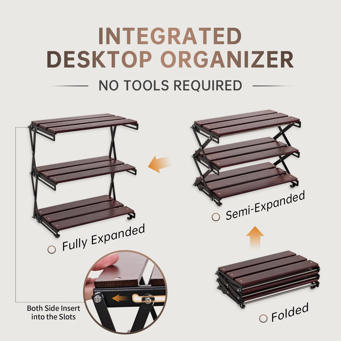 TlaroRiz Desk Shelf Organizer 3 Tiers Wood Compact Desk Organizer Storage Rack Metal Frame Office Desk Shelf Organizers,Walnut