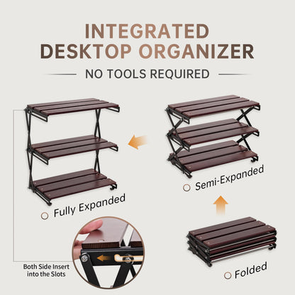 TlaroRiz Desk Shelf Organizer 3 Tiers Wood Compact Desk Organizer Storage Rack Metal Frame Office Desk Shelf Organizers,Walnut