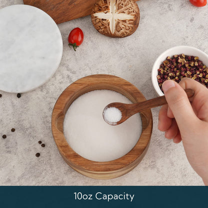 KITCHENDAO Marble Lid Acacia Salt Cellar Box Bowl with Built-in Spoon and Swivel Magnetic Lid Acacia Salt Cellar Box with Built-in Spoon
